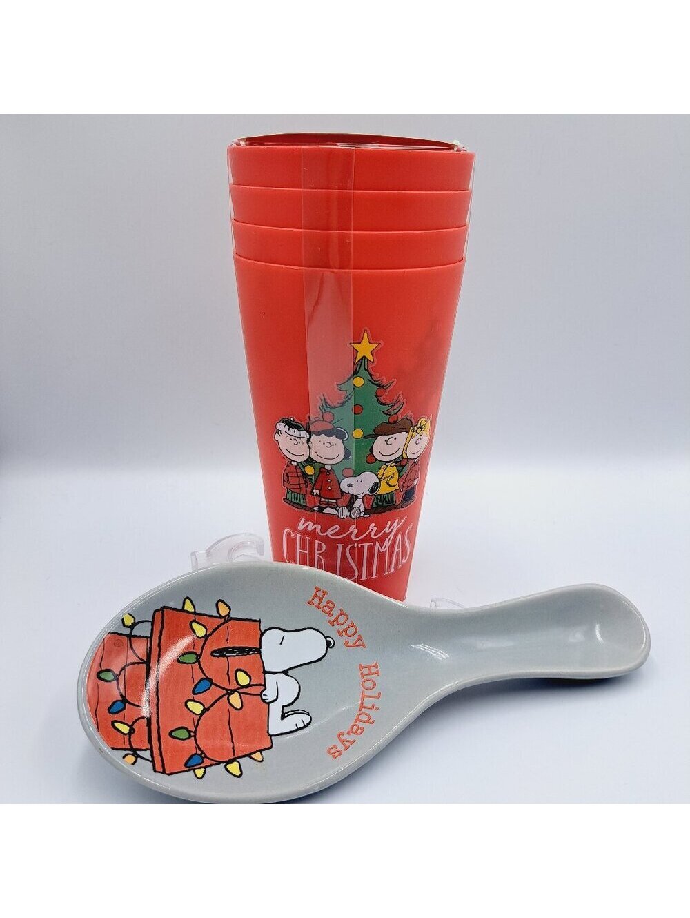 Peanuts 4 Pack Christmas Party Cups & Ceramic Snoopy Doghouse Spoon Rest Holiday